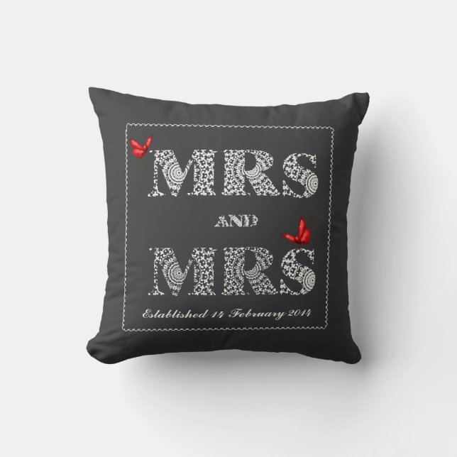 Coussin Mme et Mme White Lace Word Art Papillons rouges (Recto)
