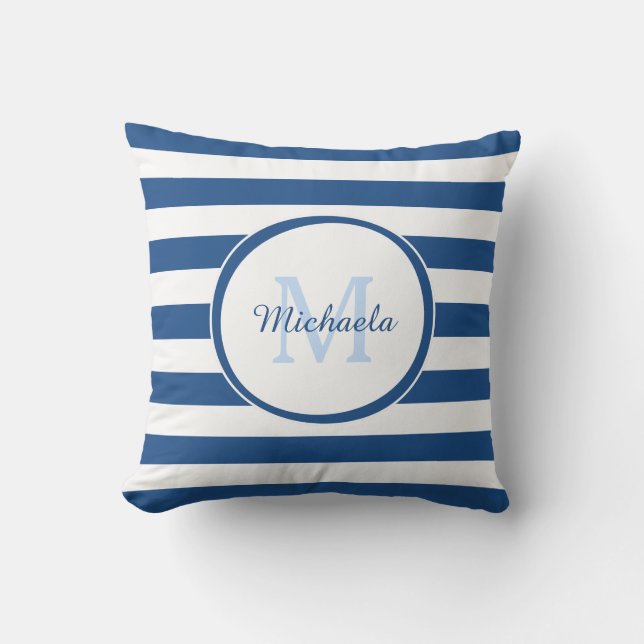 Coussin Mode bonbons rayures Monogramme et nom en bleu (Recto)