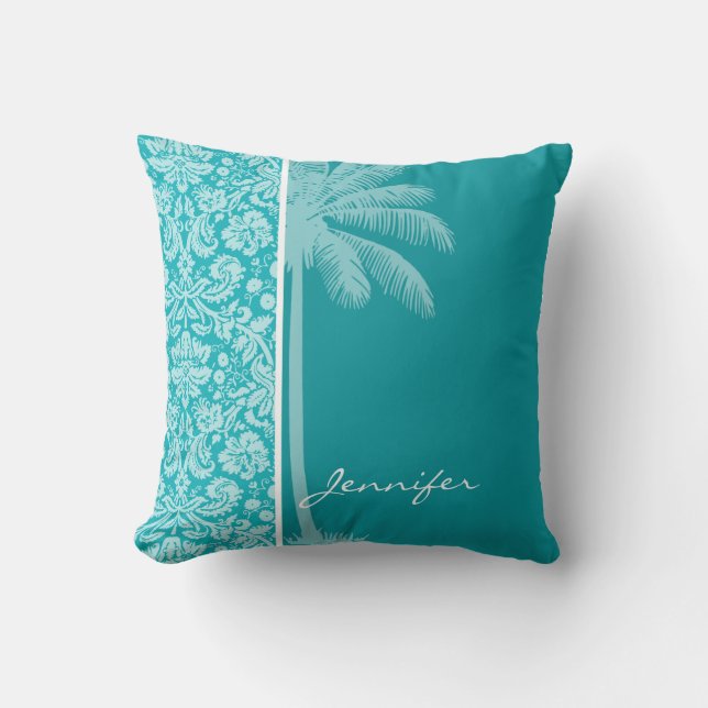 Coussin Modèle de damas bleu-vert d'été (Recto)