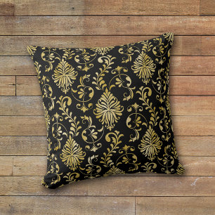 Coussin Modèle de Damas de torsion d'or sur noir