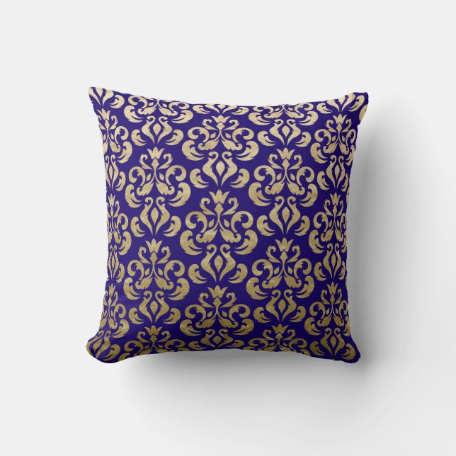 Coussin Modèle de Damas violet profond et d'huile d'or (Recto)