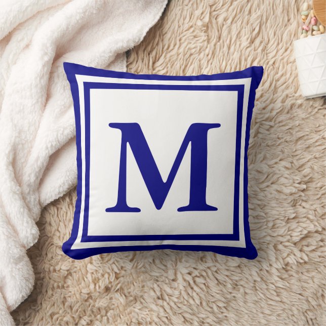Coussin Modèle de Monogramme bleu blanc traditionnel et bl (Couverture)