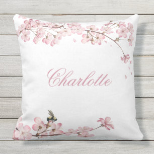 Coussin Modèle de nom de fleur de cerisier rose élégant