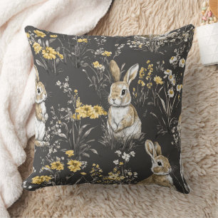 Coussin Modèle de toile florale de lapin Cottagecore noir