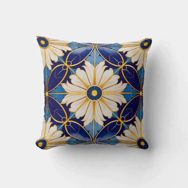 Coussin Modèle floral bleu Art déco symétrique (Recto)