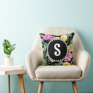 Coussin Modèle floral citron et tulipes | Citrus Monogramm