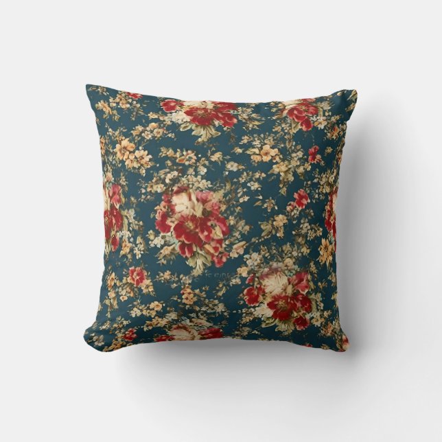 Coussin Modèle Floral italien exquis en rouge et Turquoise (Recto)