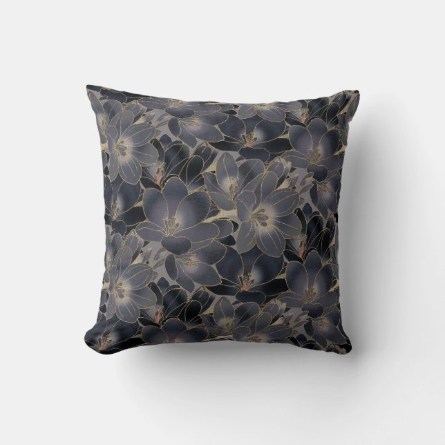 Coussin Modèle floral vintage bleu marine et gris fumée (Recto)