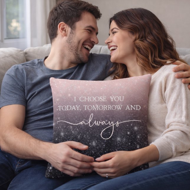 Coussin Modern Black & Pink Glitter Sparkles “I Choose You (Créateur téléchargé)