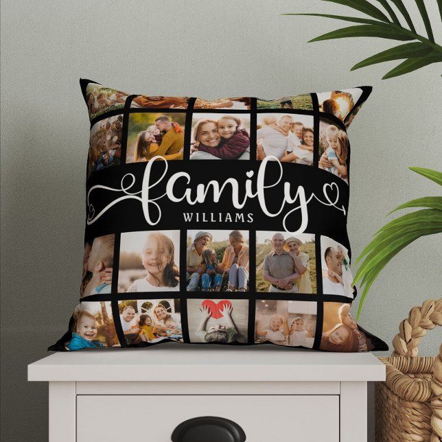 Coussin Modern Family Script 20 Photo Collage Chic Black (Créateur téléchargé)