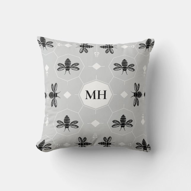 Coussin Modern Gray Elegant Black Bee Pattern Monogram (Recto)