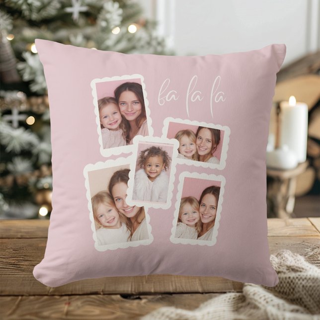 Coussin Modern Pink “Fa La La” Multi Photo Christmas (Créateur téléchargé)