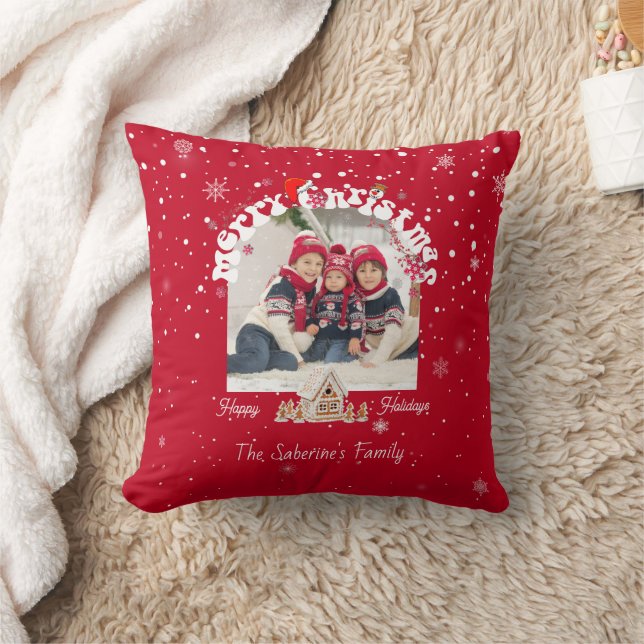 Coussin Modern Red Curved Graffiti Merry Christmas Photos  (Couverture)
