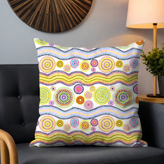 Coussin Moderne Australien Aquarelle Tribal Motif Jaune (Créateur téléchargé)