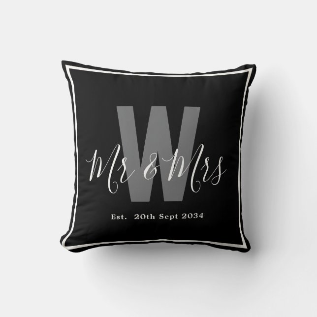 Coussin Moderne Bordure de Monogramme Noir Blanc Date (Recto)