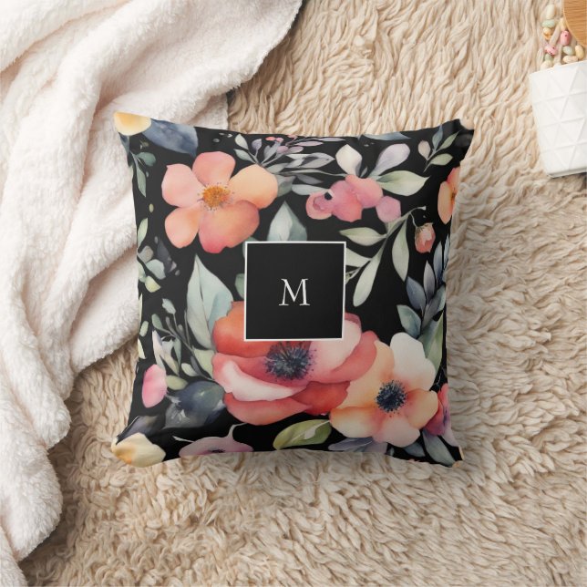 Coussin Moderne élégant aquarelle floral monogrammé (Couverture)