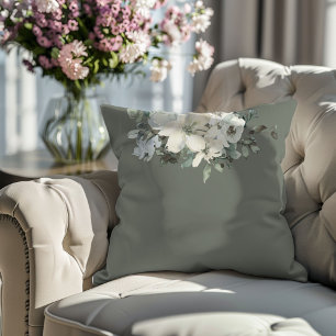 Coussin Moderne floral à l'aquarelle vert olive