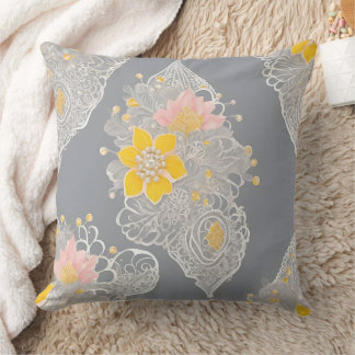 Coussin Moderne gris et jaune dentelle florale