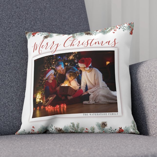 Coussin Moderne Joyeux Noël Famille Photo Russe (Christmas Photo Family Botanical Throw Pillow)
