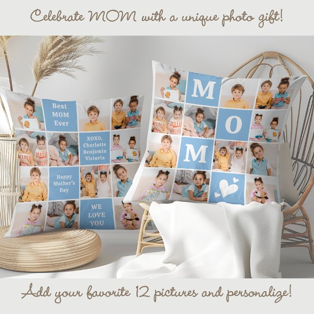 Coussin Moderne MOM Personnalisé 12 Photo Collage Bleu (Créateur téléchargé)