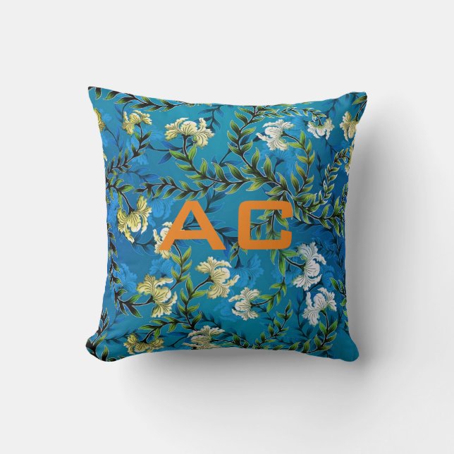 Coussin Moderne Monogramme Bleu Floral Chic (Recto)