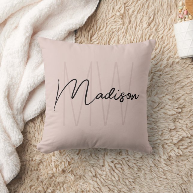 Coussin Moderne monogramme de nom en écriture rose blush (Couverture)