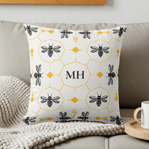 Coussin Moderne Monogramme Élégant Jaune Motif Abeille Noi