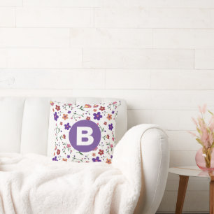 Coussin Moderne monogramme floral coloré violet