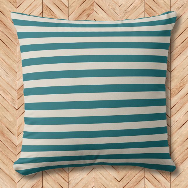 Coussin Moderne rayé horizontal sarcelle et flocage  (Créateur téléchargé)