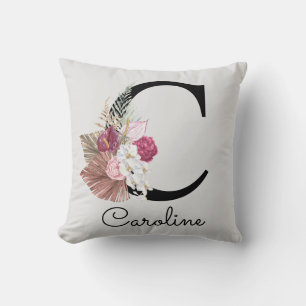 Coussin Moderne Rose Boho Féminin Floral Initiale C