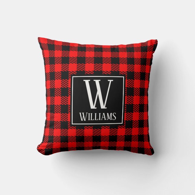 Coussin Moderne Russe Rouge Buffalo Plaid À damiers Monogr (Recto)