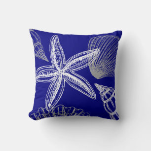 Coussin Moderne Seashell Beach House Blue White Starfish