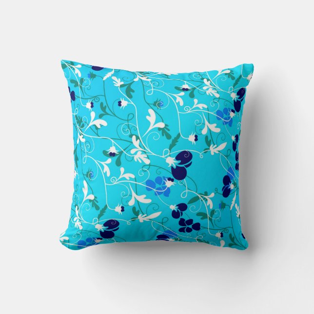 Coussin Moderne Turquoise Bleu & Blanc Floral Flourdissant (Recto)