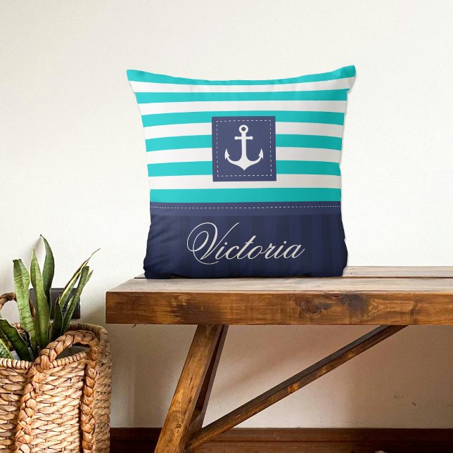 Coussin Moderne Turquoise Marine Design Ancre Personnalisé (Créateur téléchargé)