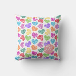 Coussin Moderne Vibrant Rainbow Doodle Hearts Monogramme