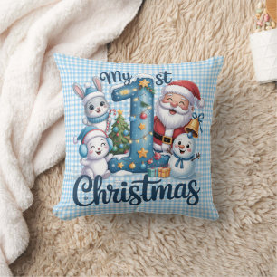Coussin Mon Premier Noël bébé bleu gingham personnalisé
