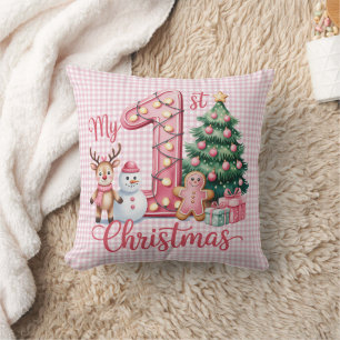 Coussin Mon Premier Noël bébé rose personnalisé à carreaux