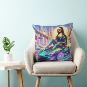 Coussin Mona dans le futur temps et une voiture hitech