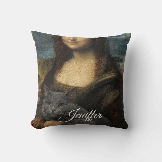 Coussin Mona Lisa Holding Elegant Gray Cat                 (Recto)