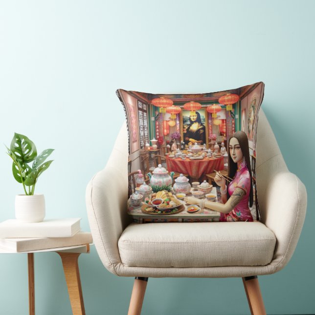 Coussin Mona mangeant des plats chinois dans le restaurant (Chaise)