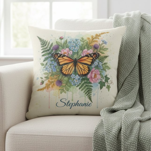 Coussin Monarch Butterfly Floral Watercolor Garden (Botanical monarch butterfly decorative pillow)