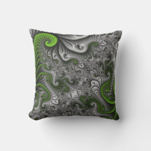 Coussin Monde Fantastique Art Fractal Abstrait Vert Et Gri