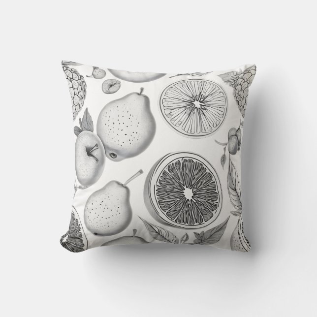 Coussin Monochrome Fruit Pattern with Botanical Elements (Recto)