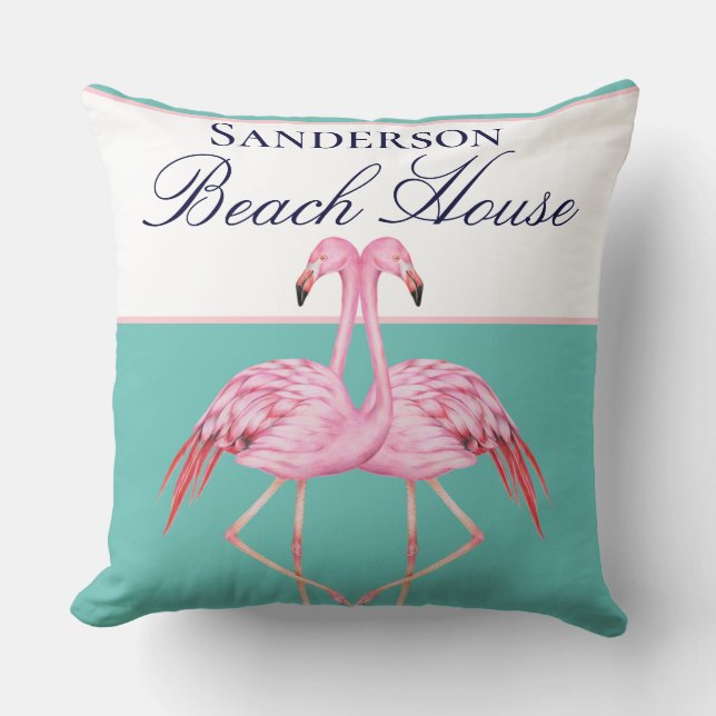 Coussin Monogram Beach House Flamants roses Turquoises ble (Recto)