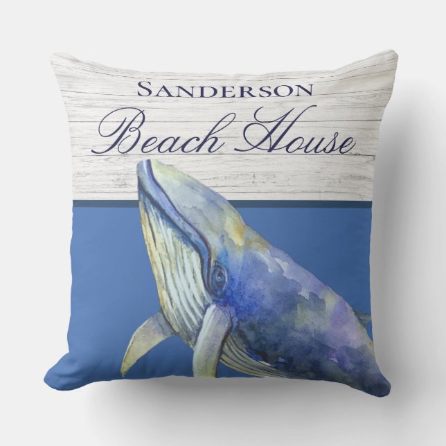 Coussin Monogram Beach House marine bleu baleine aquarelle (Recto)