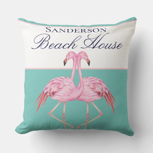 Coussin Monogram Beach house Turquoise marine Flamants ros (Recto)