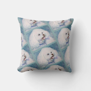COUSSIN MONOGRAM COULEUR D'EAU BICHON BLANC FRISE