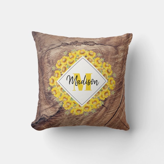 Coussin Monogram de Rustic Sunflowers & Wood Texture (Recto)