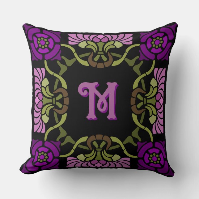 Coussin Monogram Goth Art Nouveau Rose et Dahlia Purples (Recto)