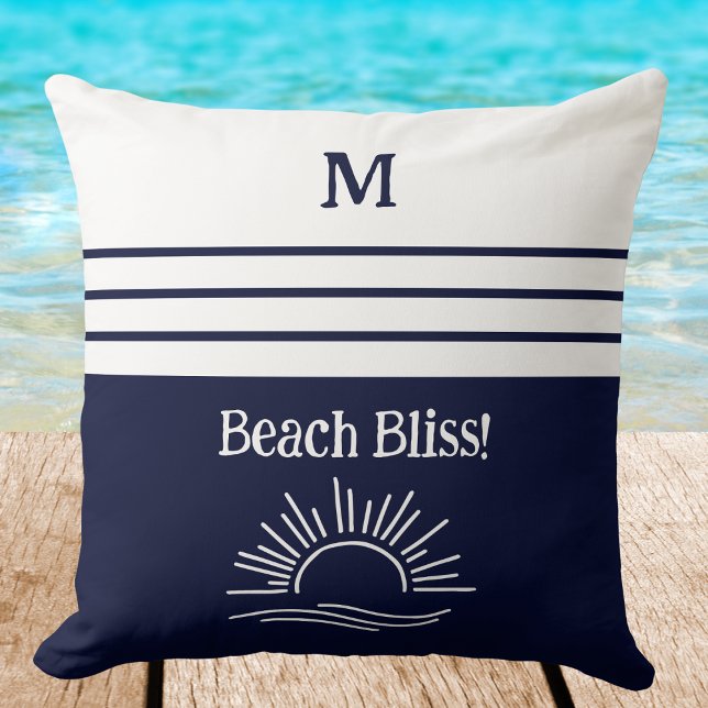Coussin Monogram Navy Blue Nautical Stripes Beach House (Créateur téléchargé)